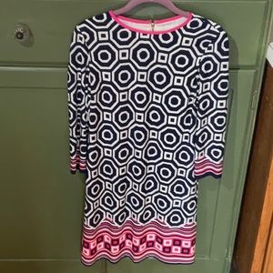 Eliza J Geometric Print Shift Dress Navy White Pink 3/4 Sleeves Size 4 petite.